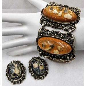 Selro Selini Orange Confetti Lucite Bracelet & Navy  Lucite Earrings Unsigned